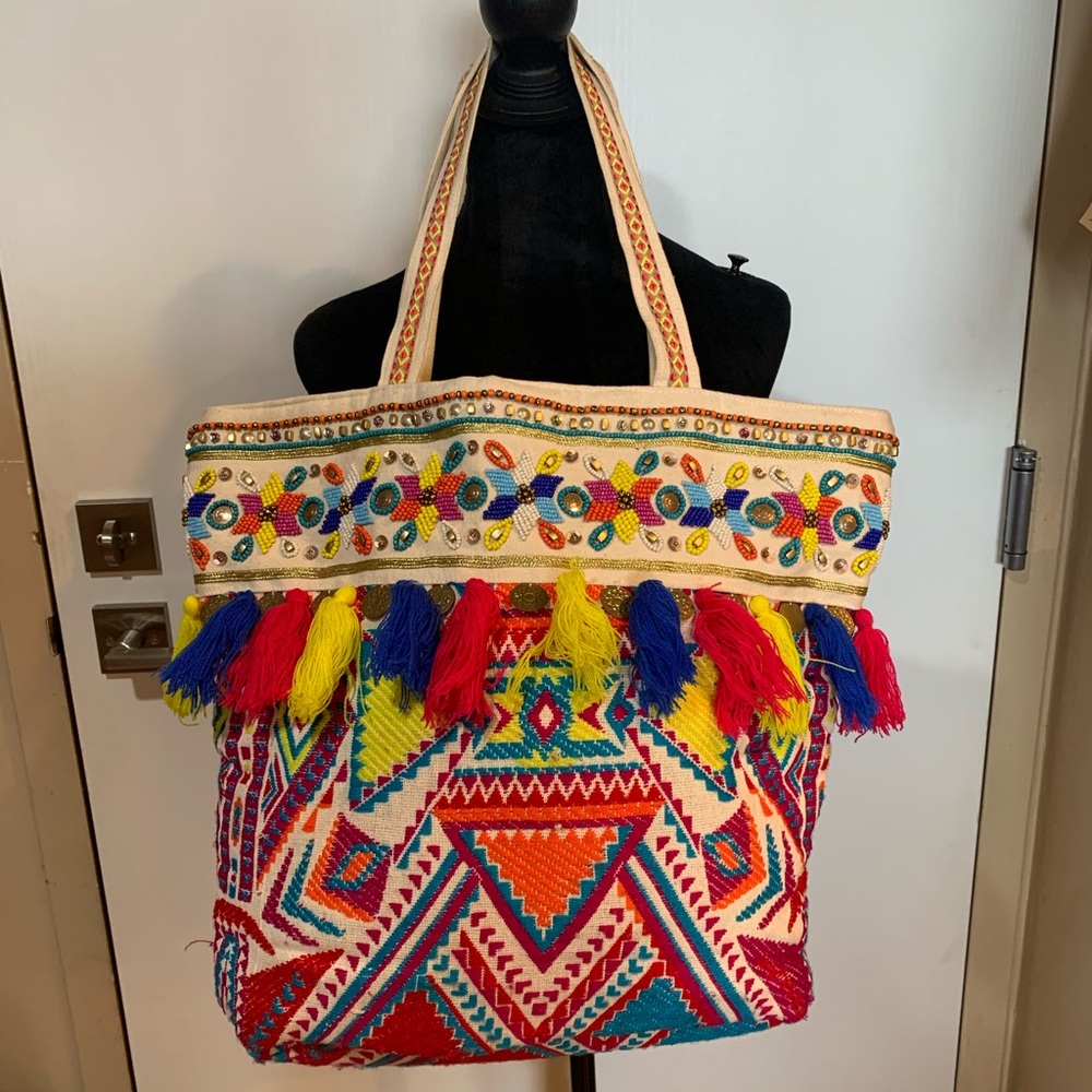 America & Beyond Colorful Embroidered Tote Bag